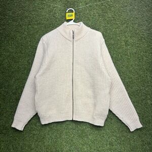 L.L. Bean Wool Sweater Womens Medium Alpaca Blend Full Zip Beige High Collar